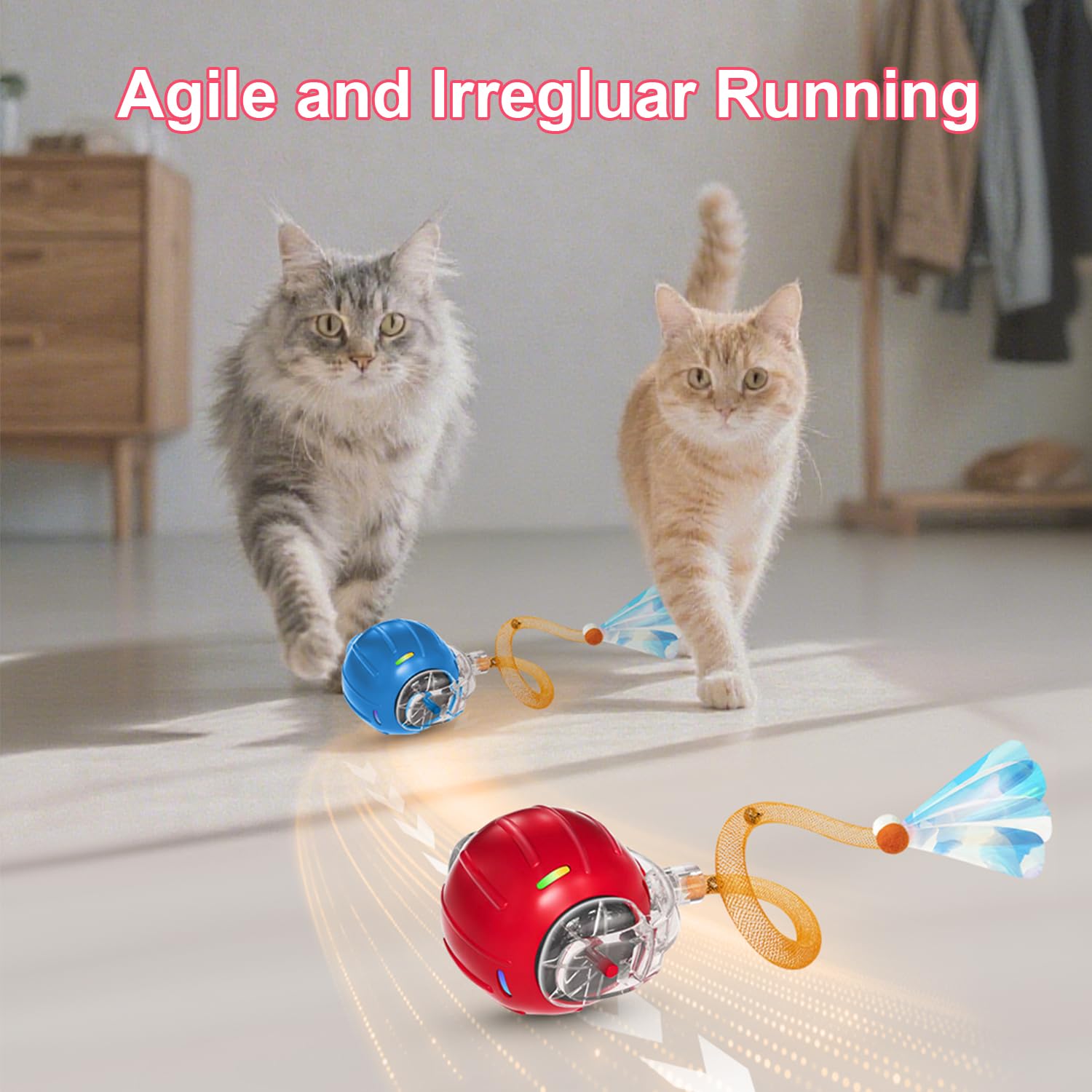 Metiya interactive cat toy ball with elastic mesh tail close-up boosts chase excitement.