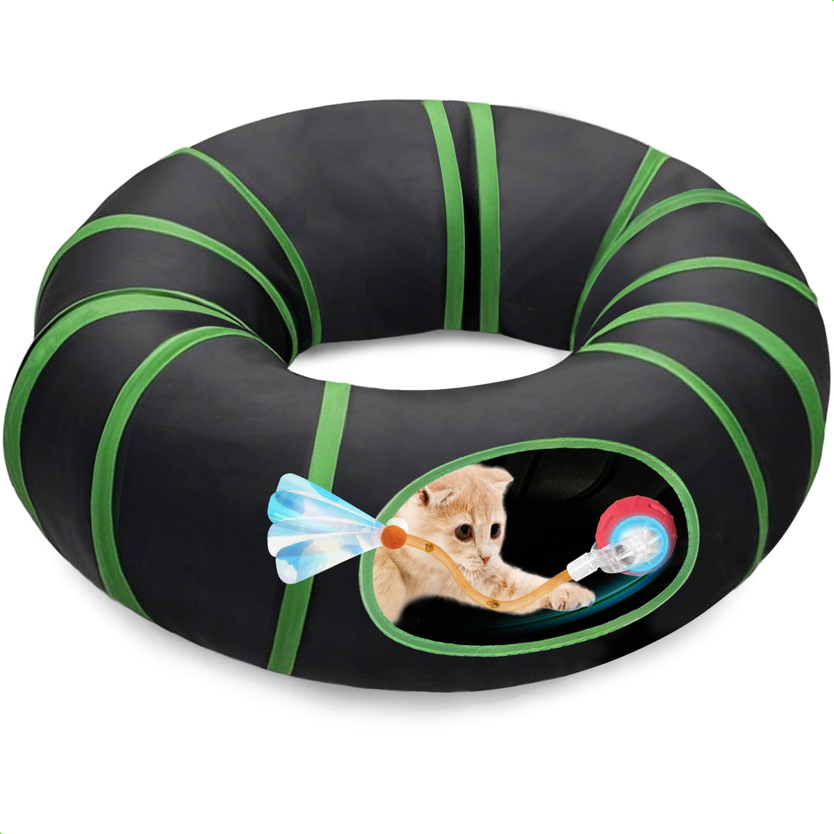 Metiya interactive cat toy ball in tunnel orange-red front view for indoor play