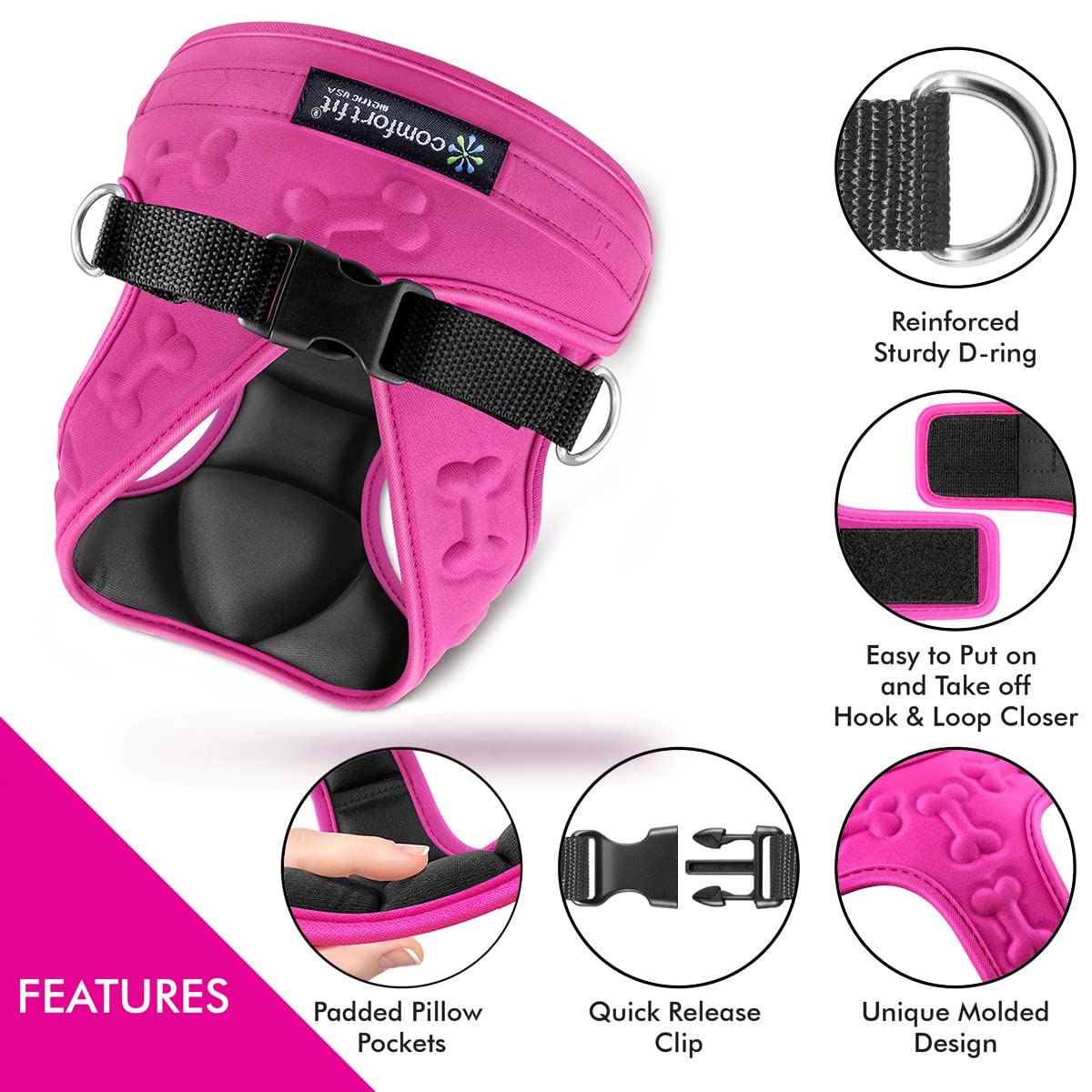 Metric USA Secure buckle dog harness stays in place during active play.