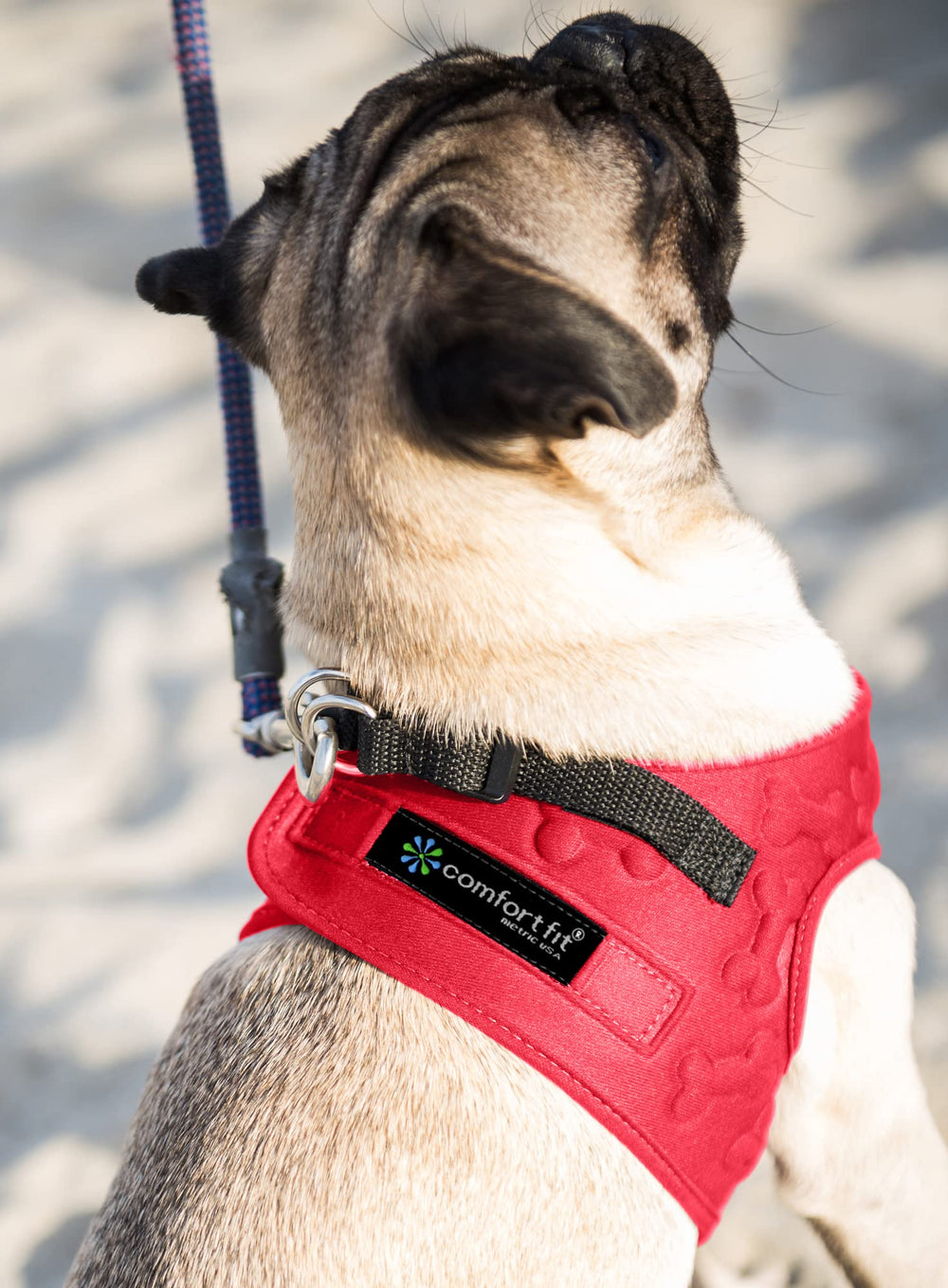 Metric USA secure buckle keeps the harness in place during outdoor adventures.