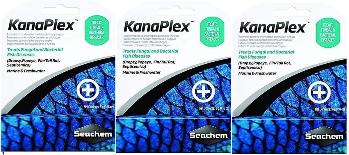 Metroplex Kanaplex 3x5g bottles shown for aquarium infection management