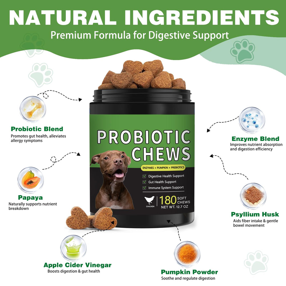 Meukgag probiotics for dogs chews showcasing enzymes aiding digestion.