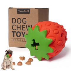 MewaJump durable rubber dog toy in use massaging gums during chew time.