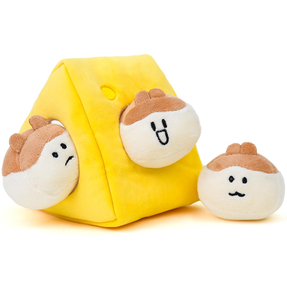 MewaJump hide-and-seek plush dog toy cheese – medium size for interactive play and squeaky fun.