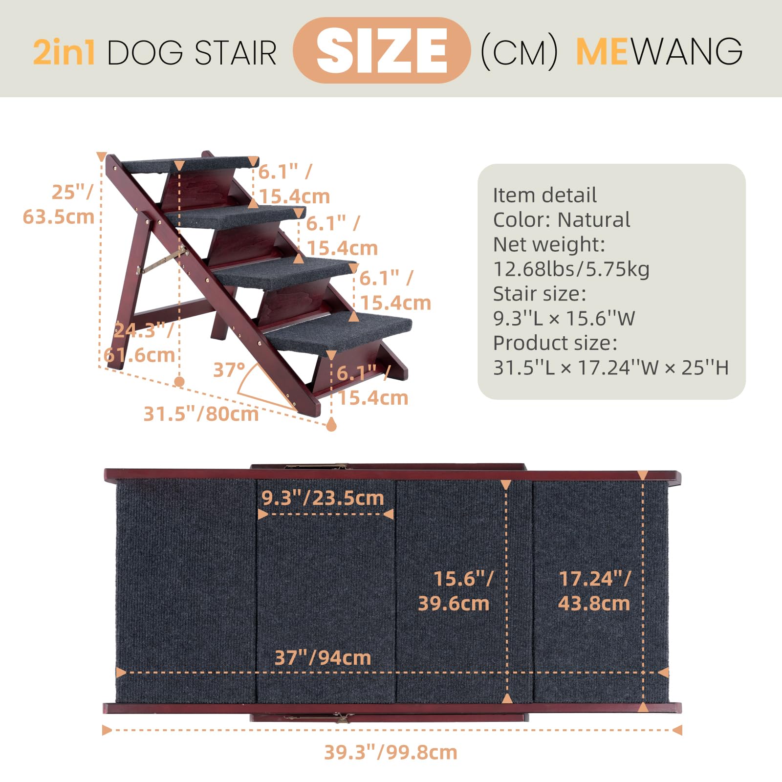 MEWANG wooden pet stairs folded-storage mode for compact travel and room-to-room use.