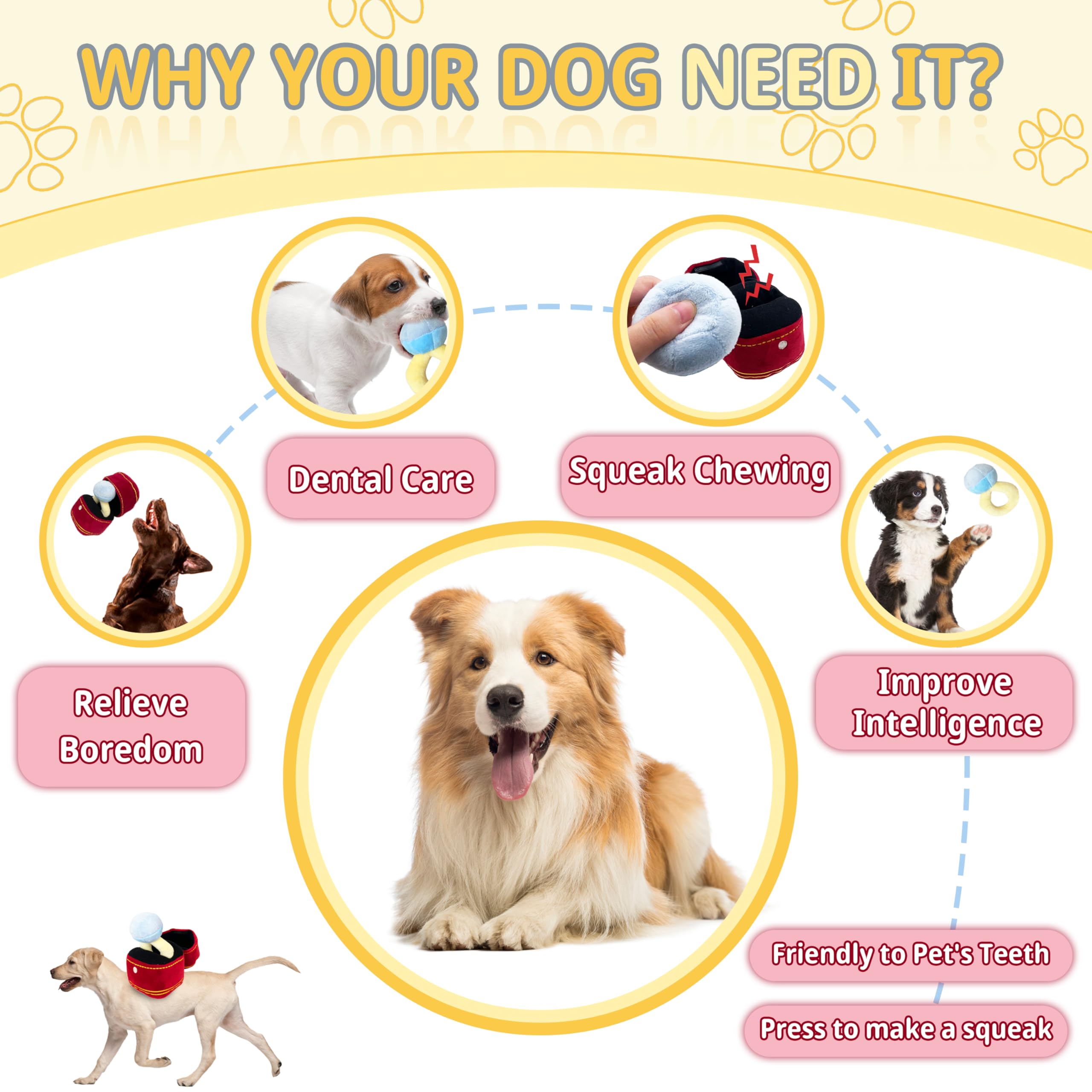 Mewcho plush ring toy emphasizes chew-friendly materials for safe, teething-friendly dog chewing.