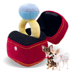 Mewcho wedding toy dog ring box closeup with soft plush texture for calming, gentle play.