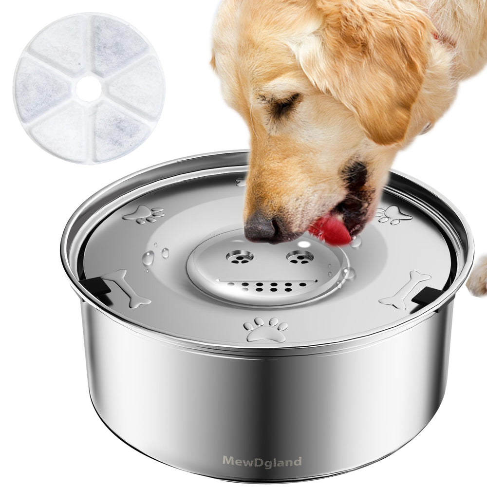 MewDgland dog water bowl dispenser shows spill-proof design for cleaner floors
