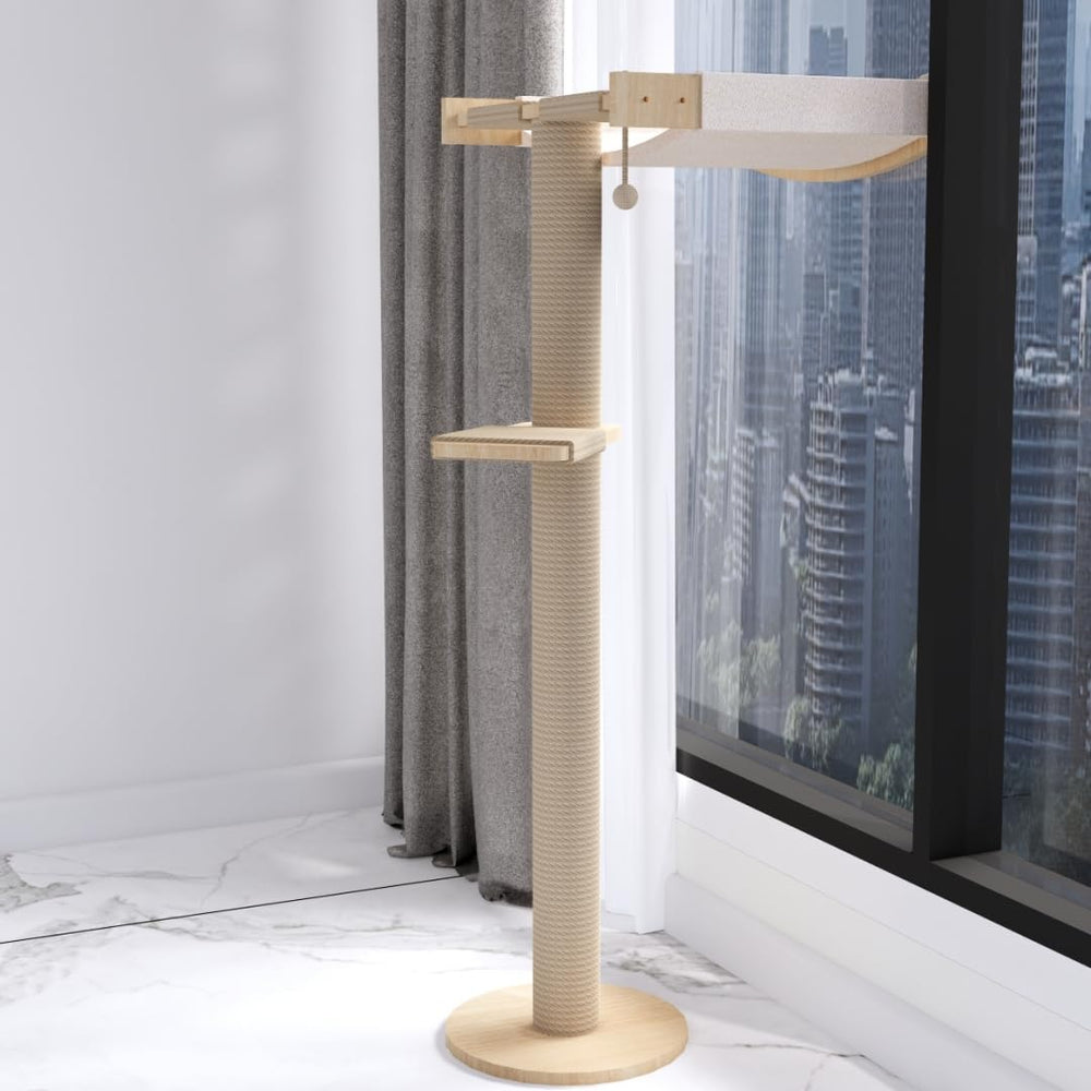MewJoyee cat window perch with scratching post supports claws while watching outdoors.