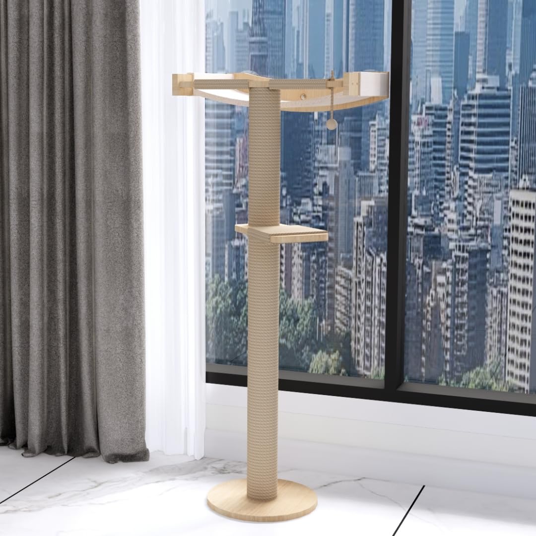 MewJoyee rustic indoor cat tree shelf blends with décor and supports sunbathing.