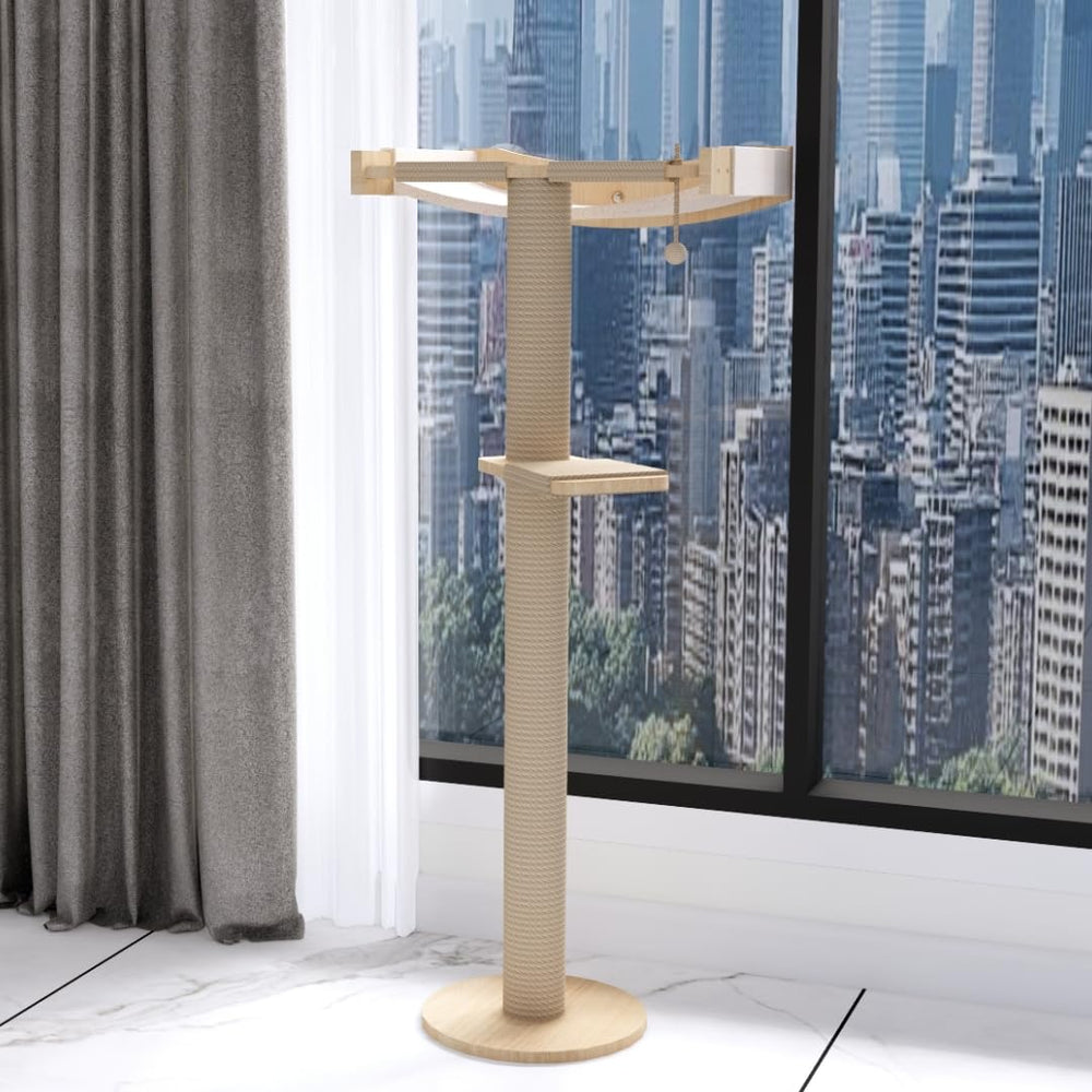 MewJoyee rustic indoor cat tree shelf blends with décor and supports sunbathing.