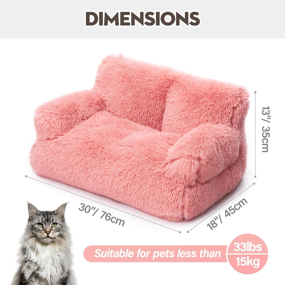 Mewoo cat couch pink plush cushion close-up highlights soft comfort
