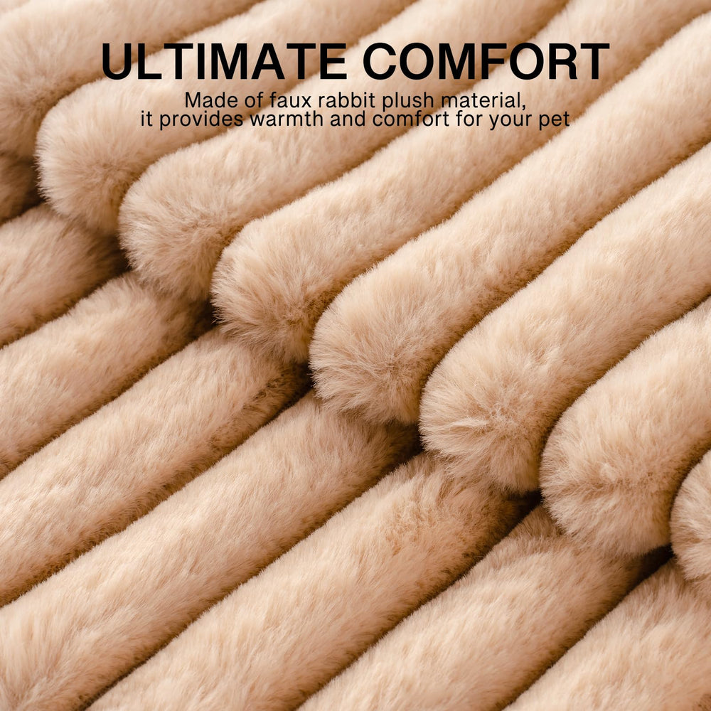 MEWOOFUN cat bed camel round fabric closeup reveals ultra-soft shed-free material