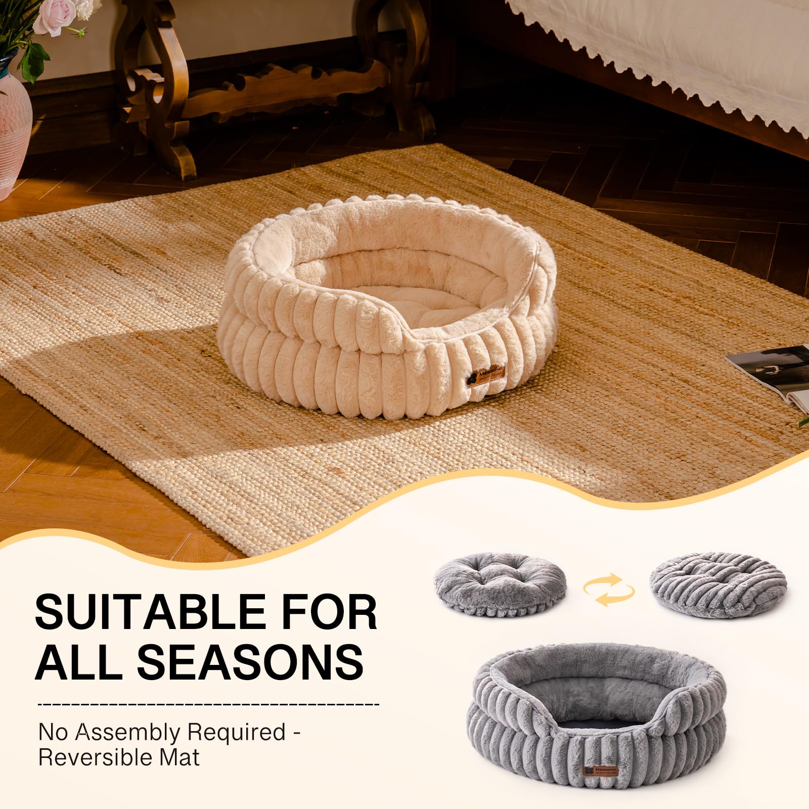 MEWOOFUN cat bed camel round non-slip base demonstrates stable footing