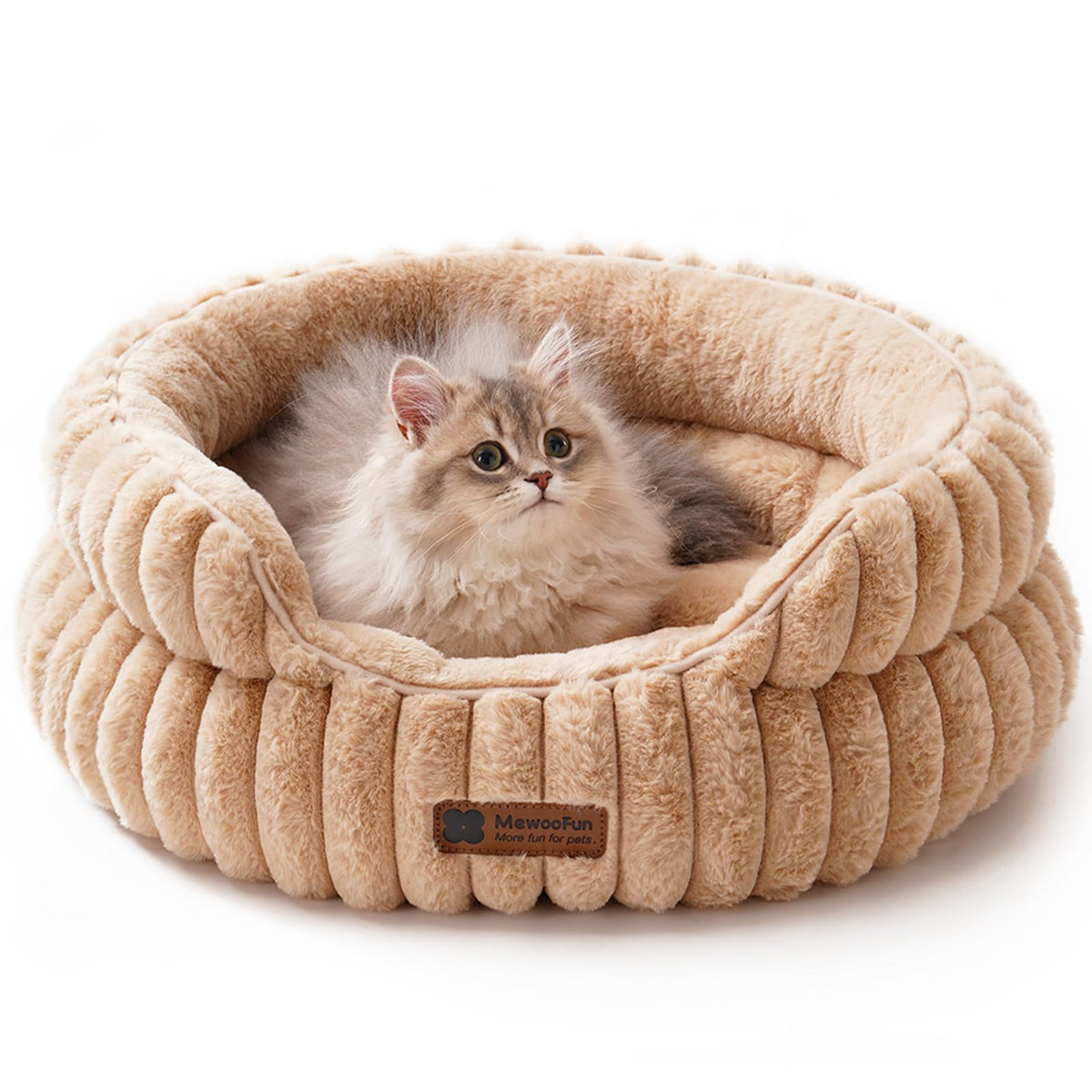 MEWOOFUN cat bed camel round outer view highlights cozy nest design
