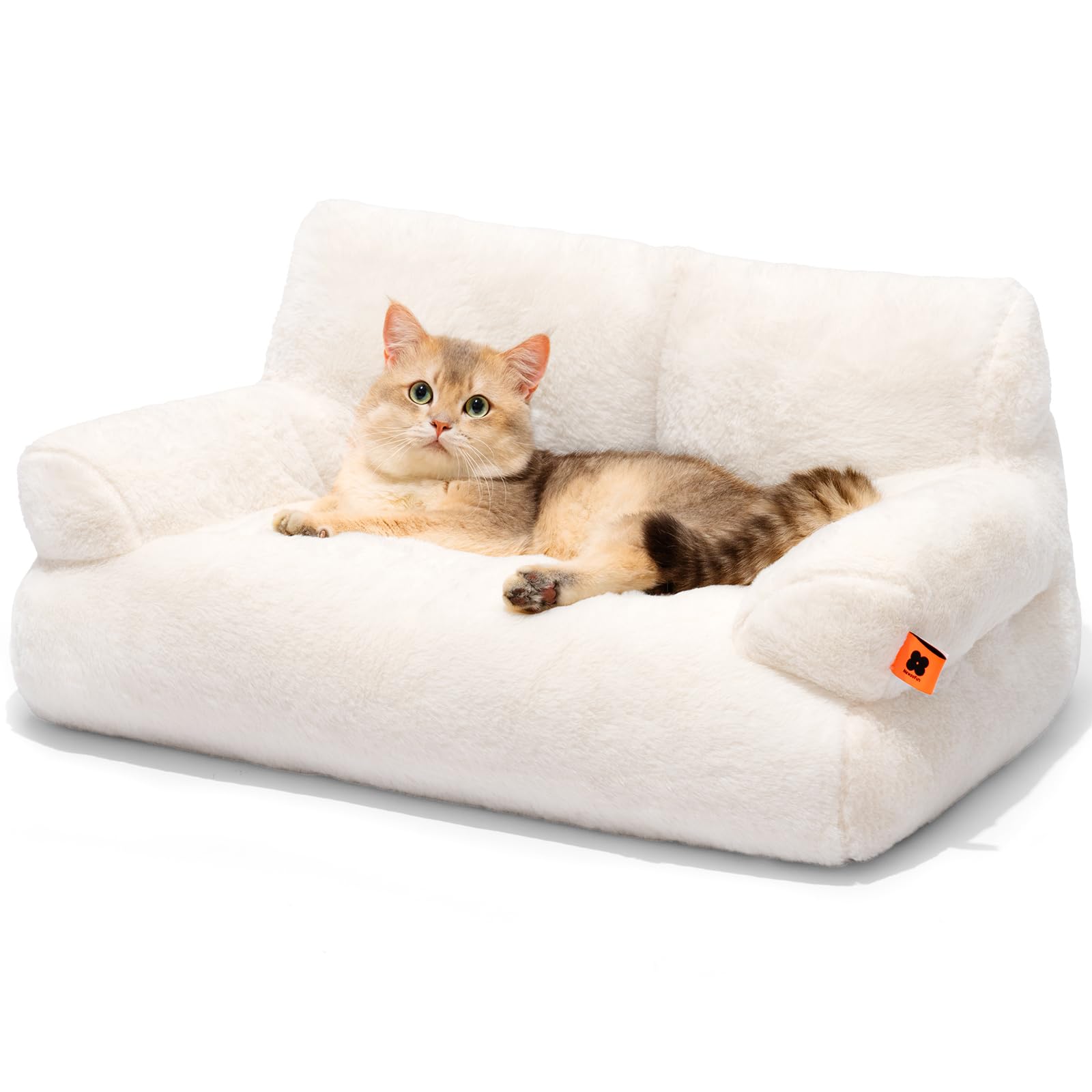 MEWOOFUN cat bed with soft fluffy beige surface for cozy naps.