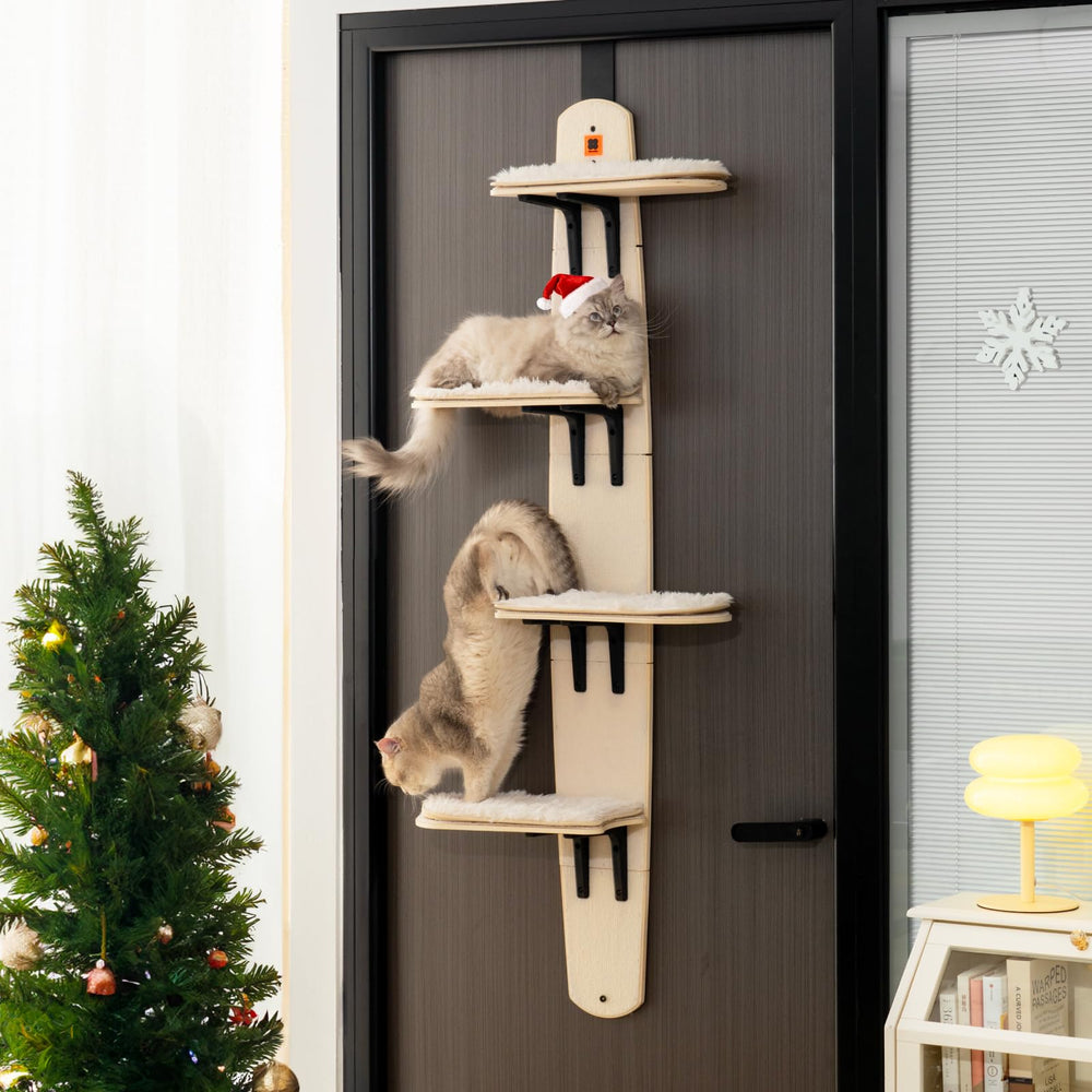 MEWOOFUN cat tree door-mounted climber side angle highlights sturdy wooden build
