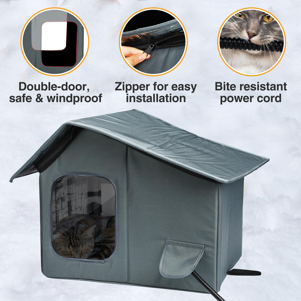 Mewtogo all-season cat house with double-sided pad for warmth or cooling.