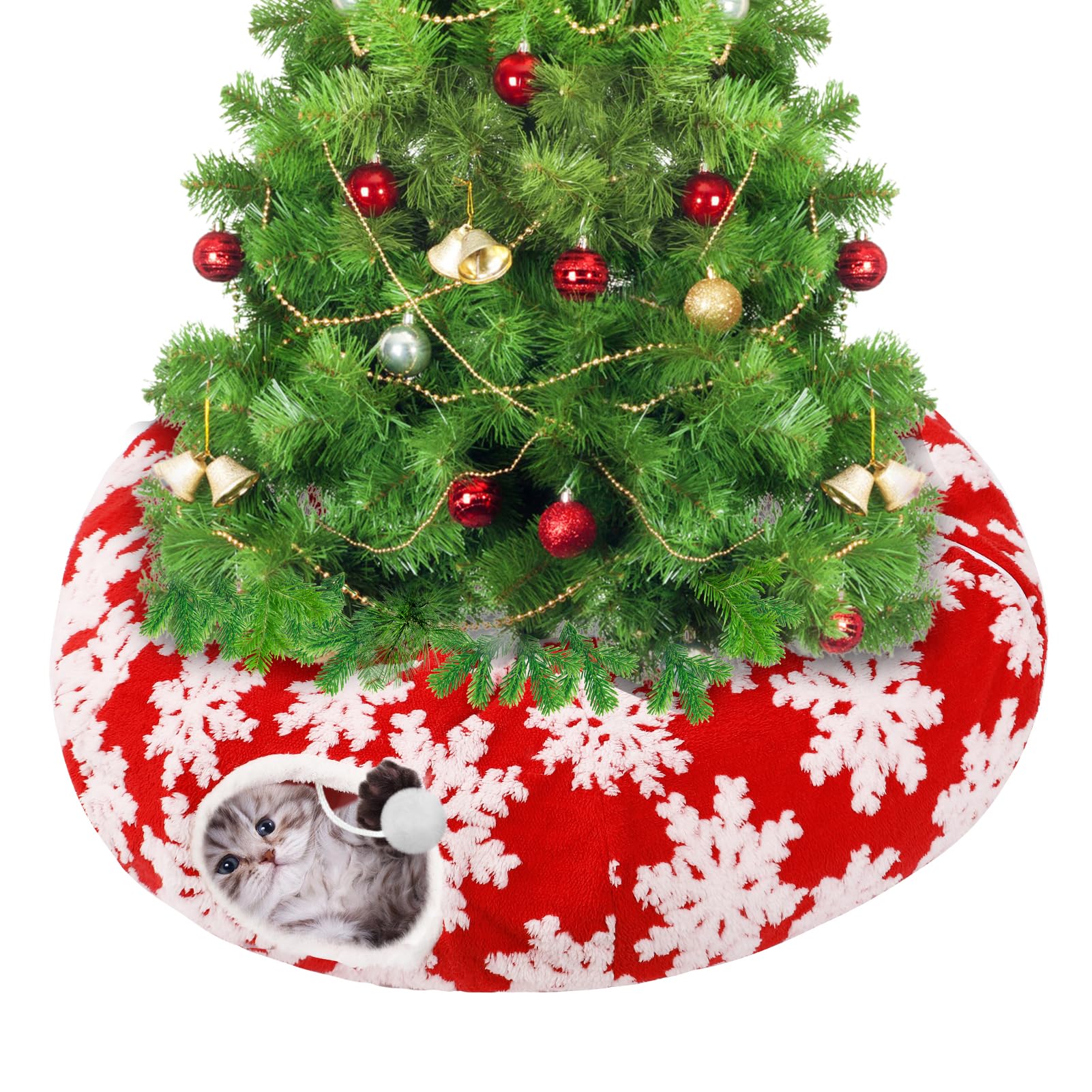 MEWTOGO cat-tunnel-christmas-tree-skirt wraps around the tree with soft plush protection