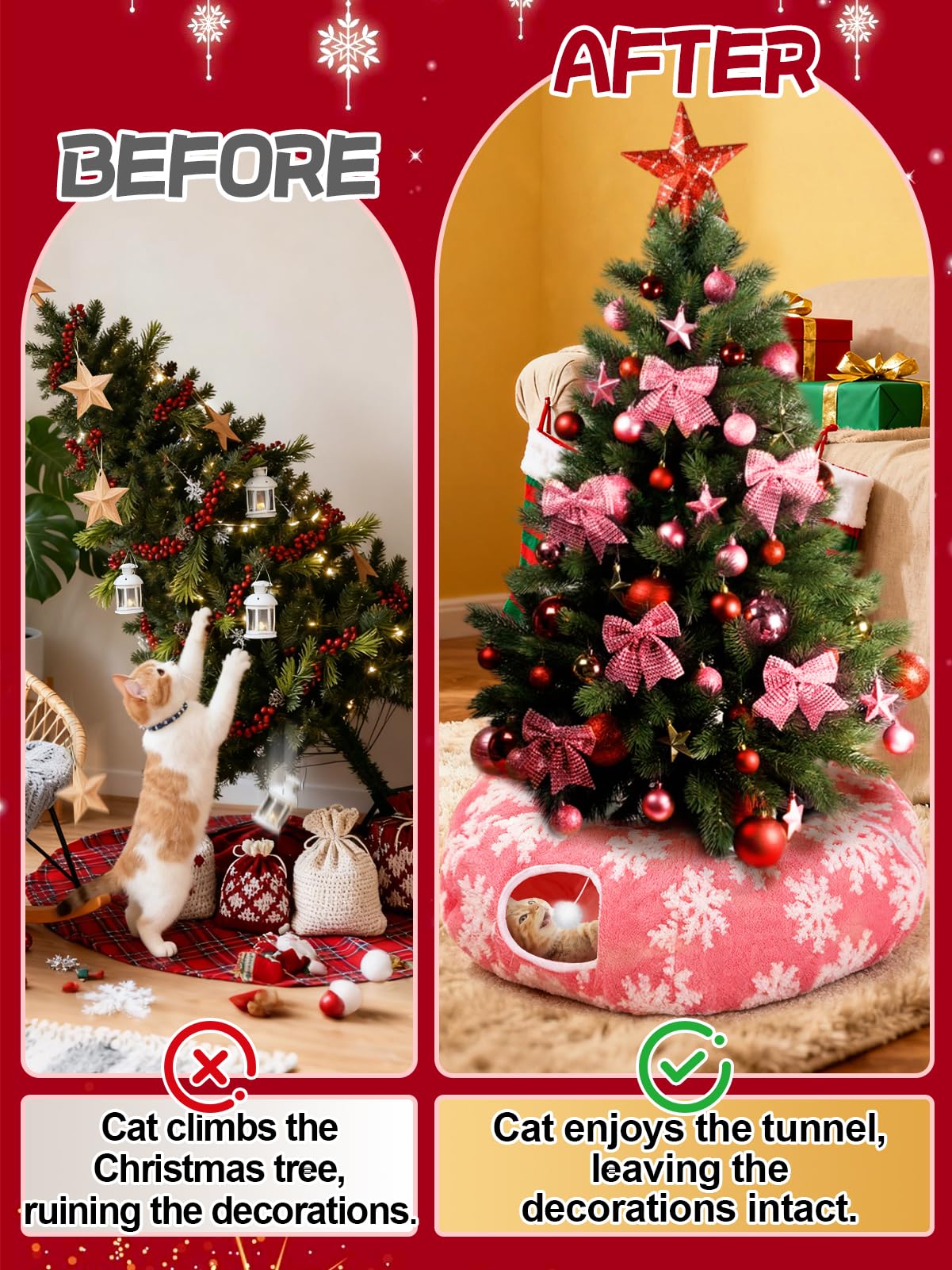 MEWTOGO cat tunnel stand and wires cover hides tree base and cords for a neater look.