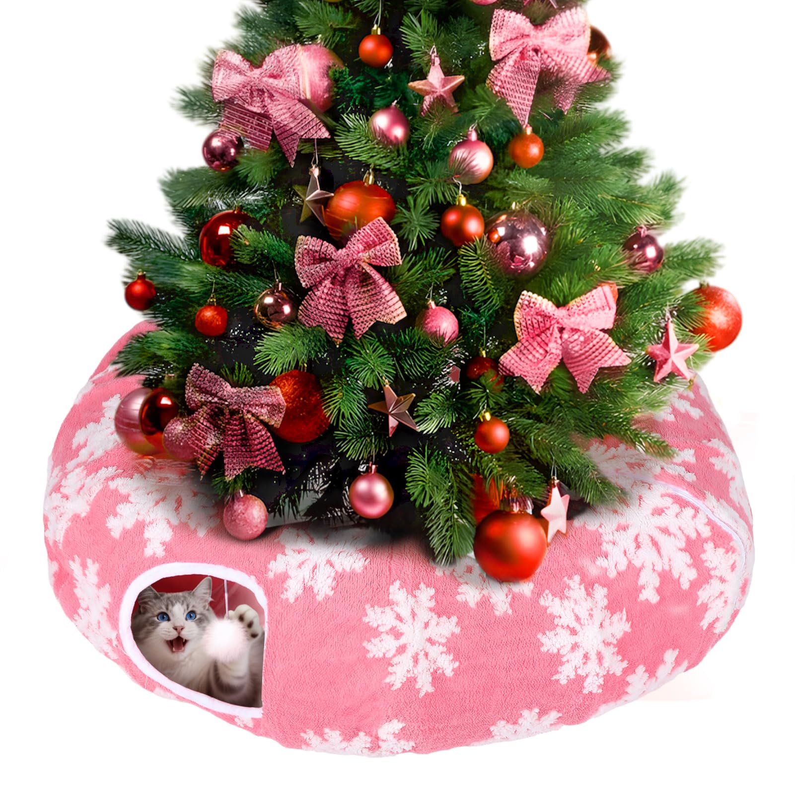 MEWTOGO cat tunnel tree skirt protection keeps ornaments safe and tree tidy.