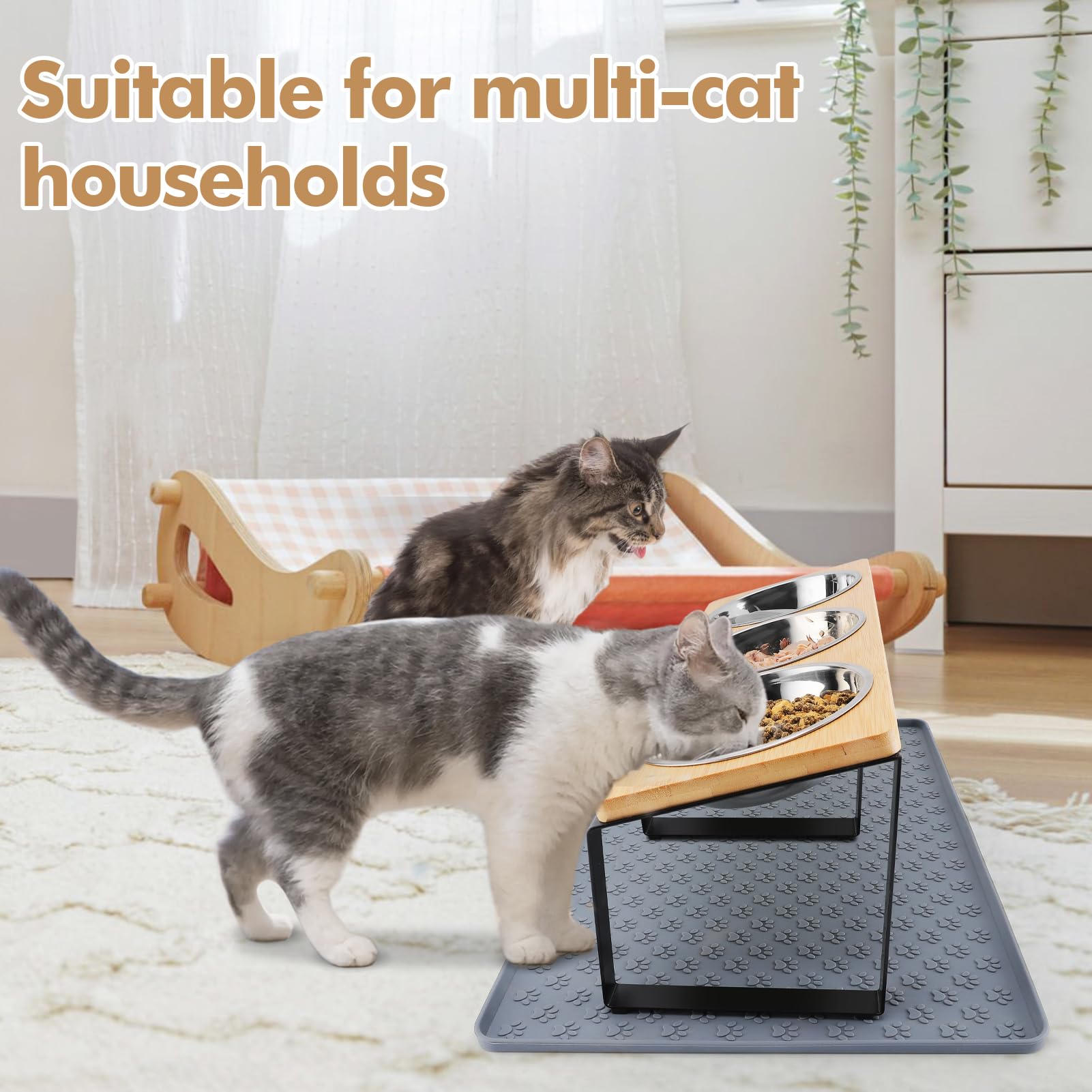 MEWTOGO elevated stand with bamboo frame blends into homes.