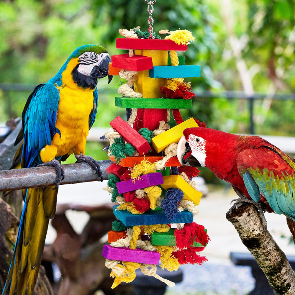 MEWTOGO extra large wood bird toy African grey action shot promotes mental stimulation