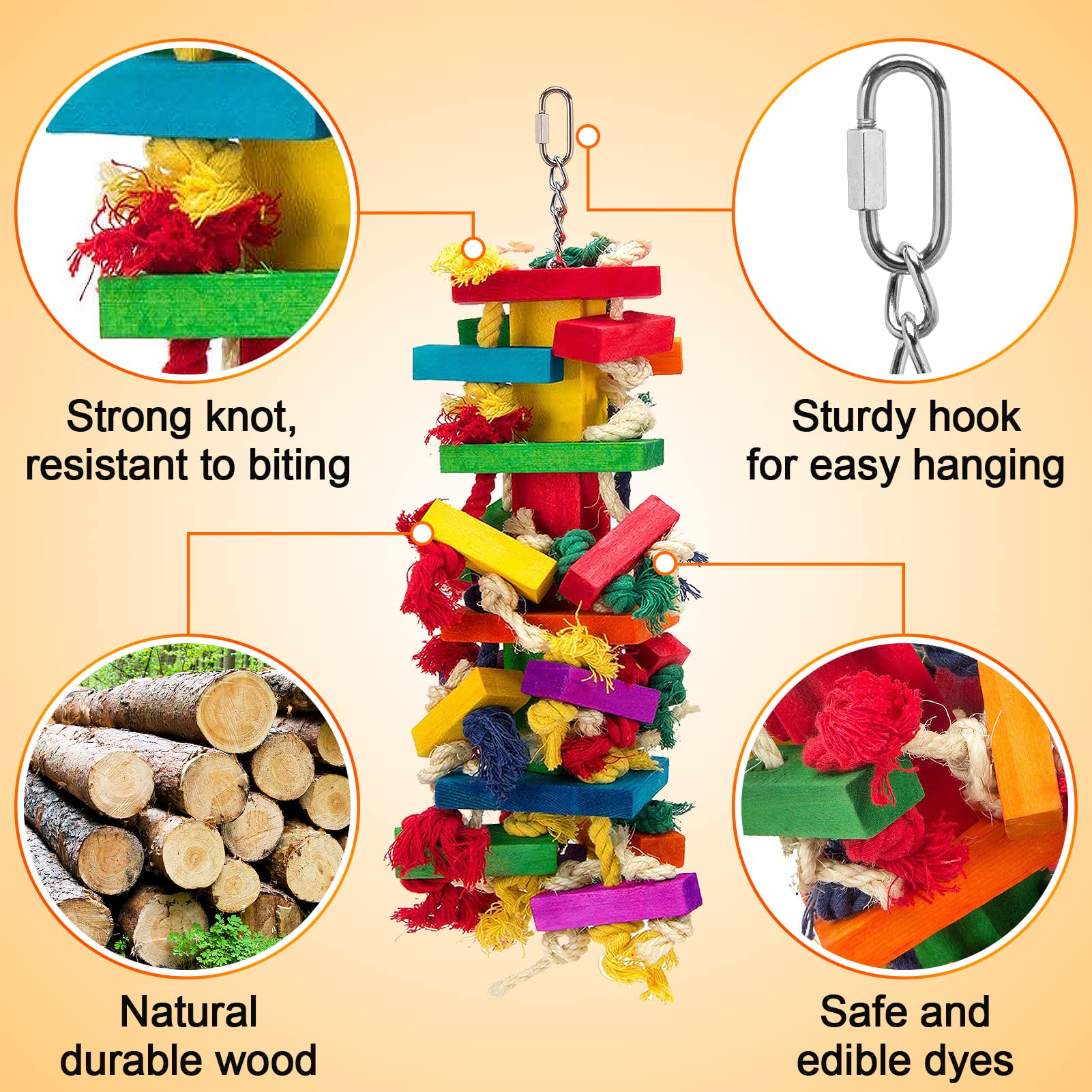 MEWTOGO extra large wood bird toy Amazon parrot colorful knots for engagement