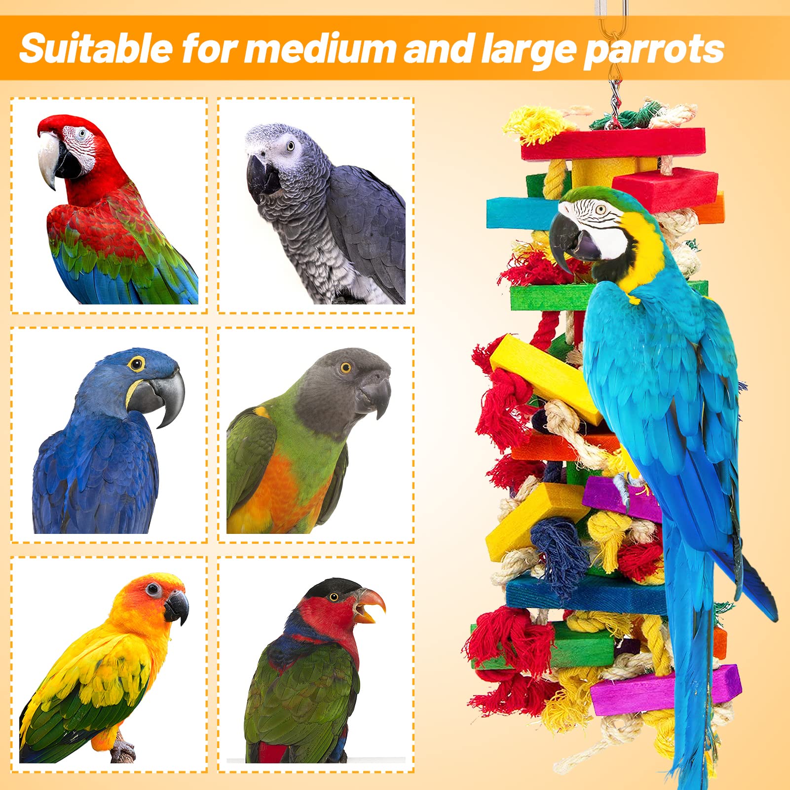 MEWTOGO extra large wood bird toy cubes and knots for chewing and play