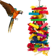 MEWTOGO extra large wood bird toy closeup shows safe natural wood for macaws
