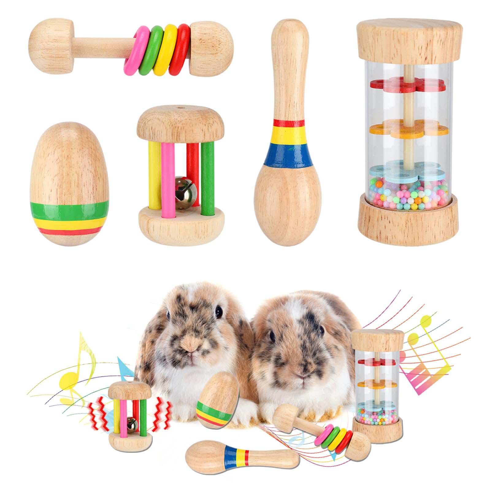 MEWTOGO five-pcs wooden bunny toys set provides safe chewing entertainment for small pets