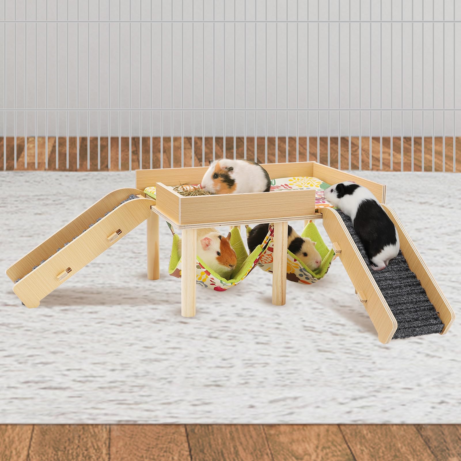 MEWTOGO guinea pigs hammock platform with dual hammocks for secure play.