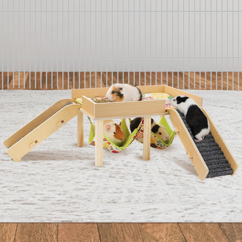 MEWTOGO guinea pigs hammock platform with dual hammocks for secure play.