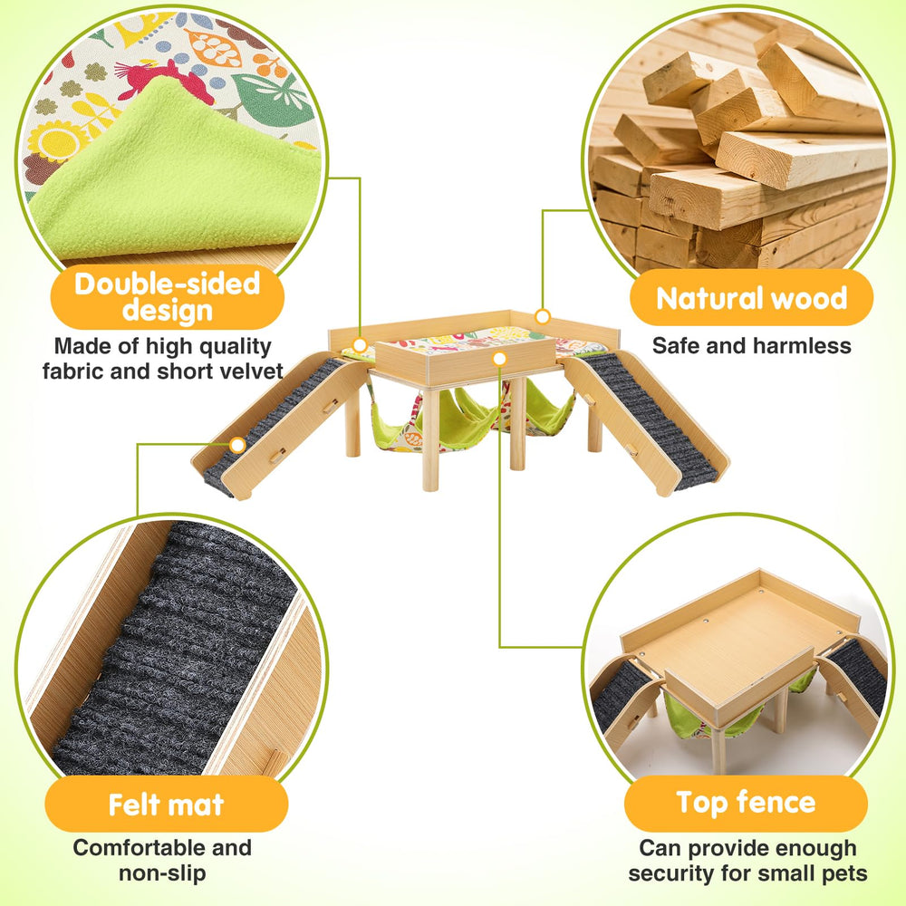 MEWTOGO wooden hideout with platform and stairs offers climbing and nesting space.