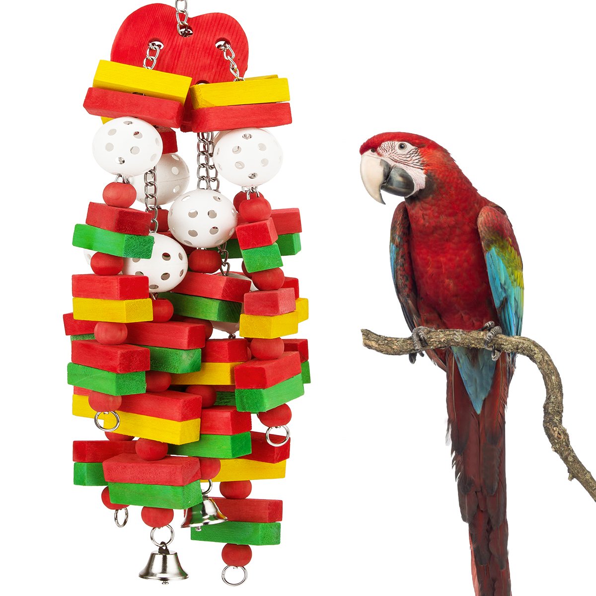 MEWTOGO 22-inch parrot block toy provides durable chewing stimulation with vivid colors.