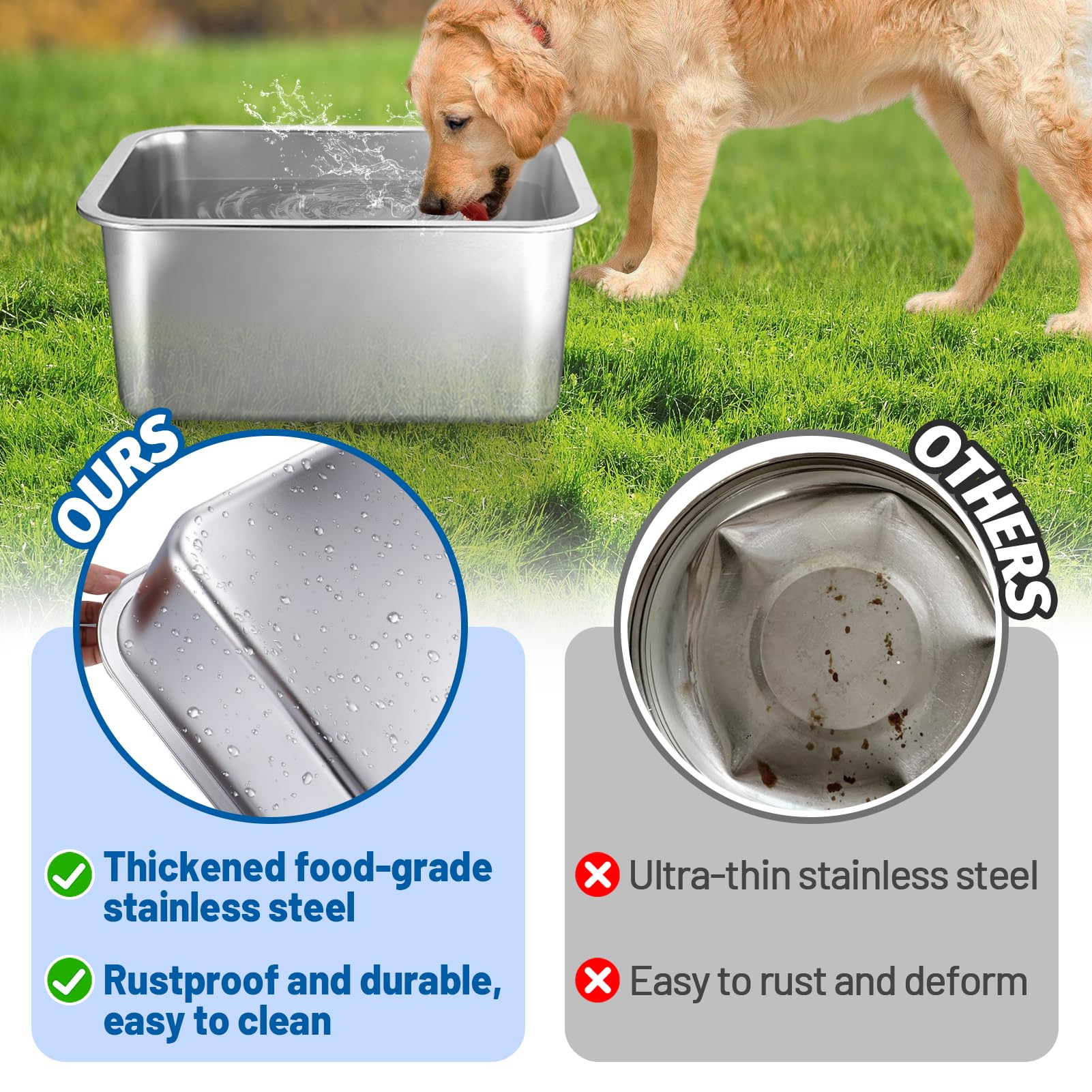 Mewtogo stainless-steel dog bowl close-up shows rust-proof surface and easy cleaning.