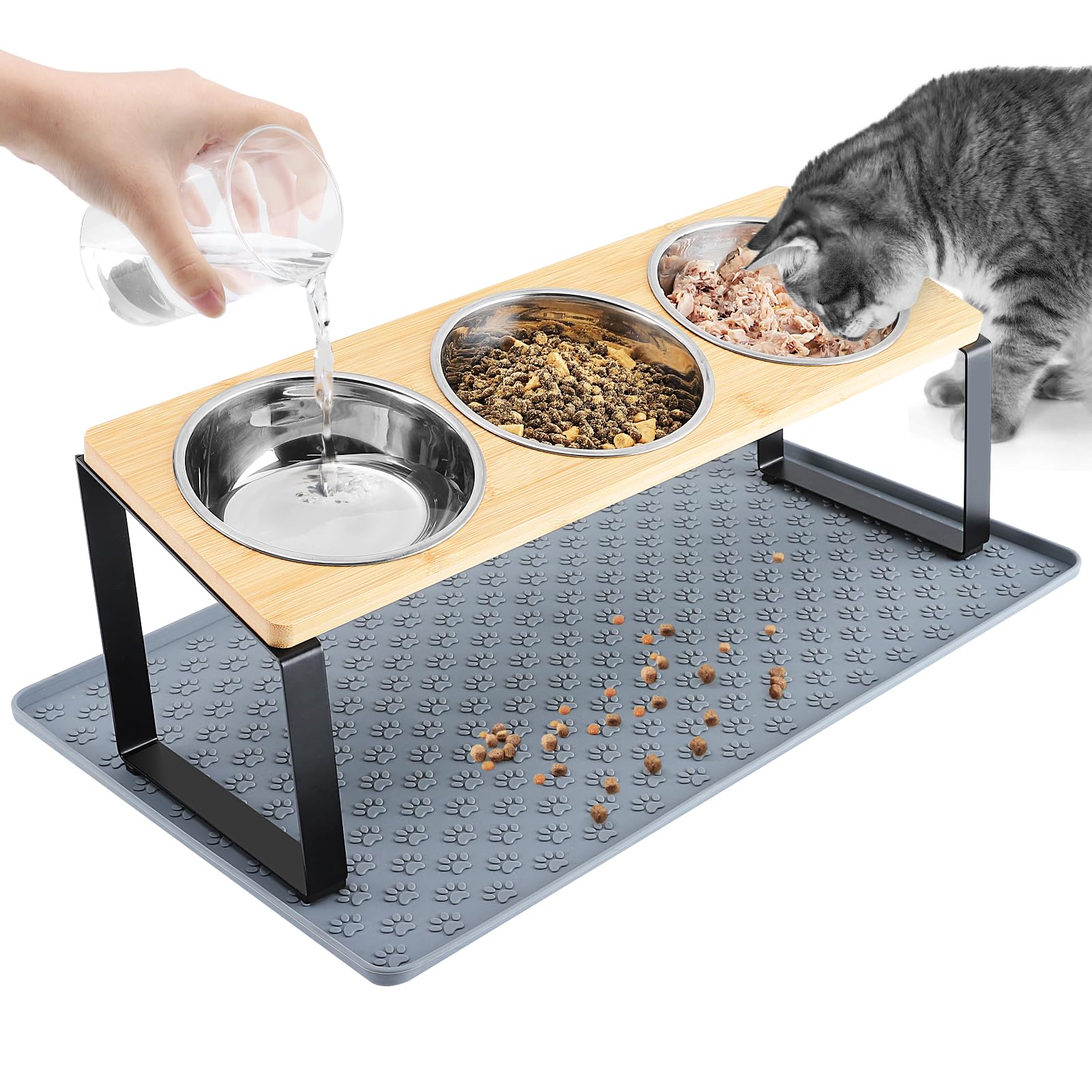 MEWTOGO tilted cat bowls set promotes comfy dining and cleaner floors.
