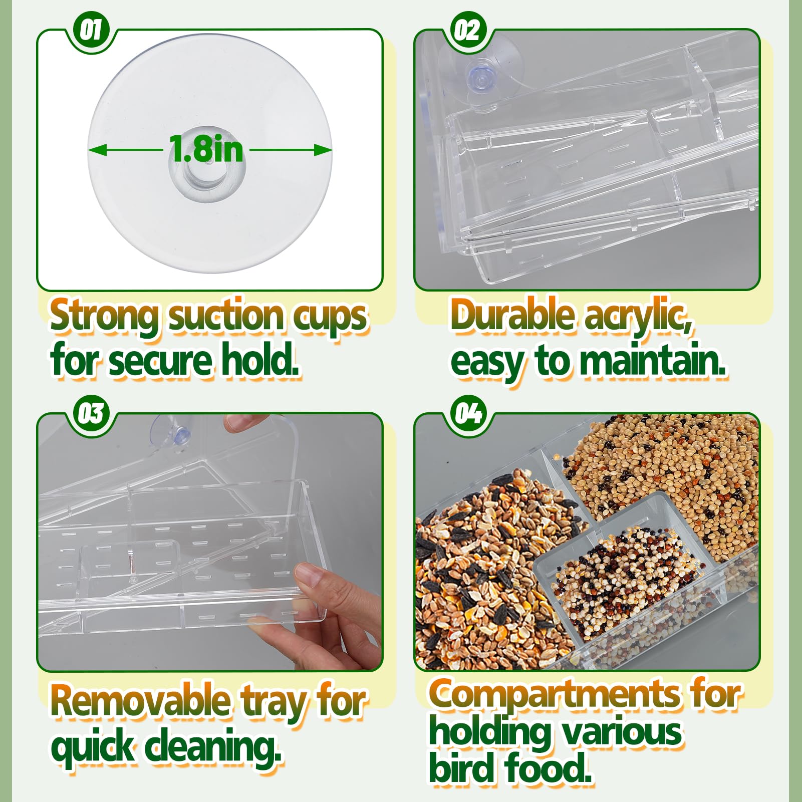 MEWTOGO acrylic window bird feeder highlights durability and easy cleanup