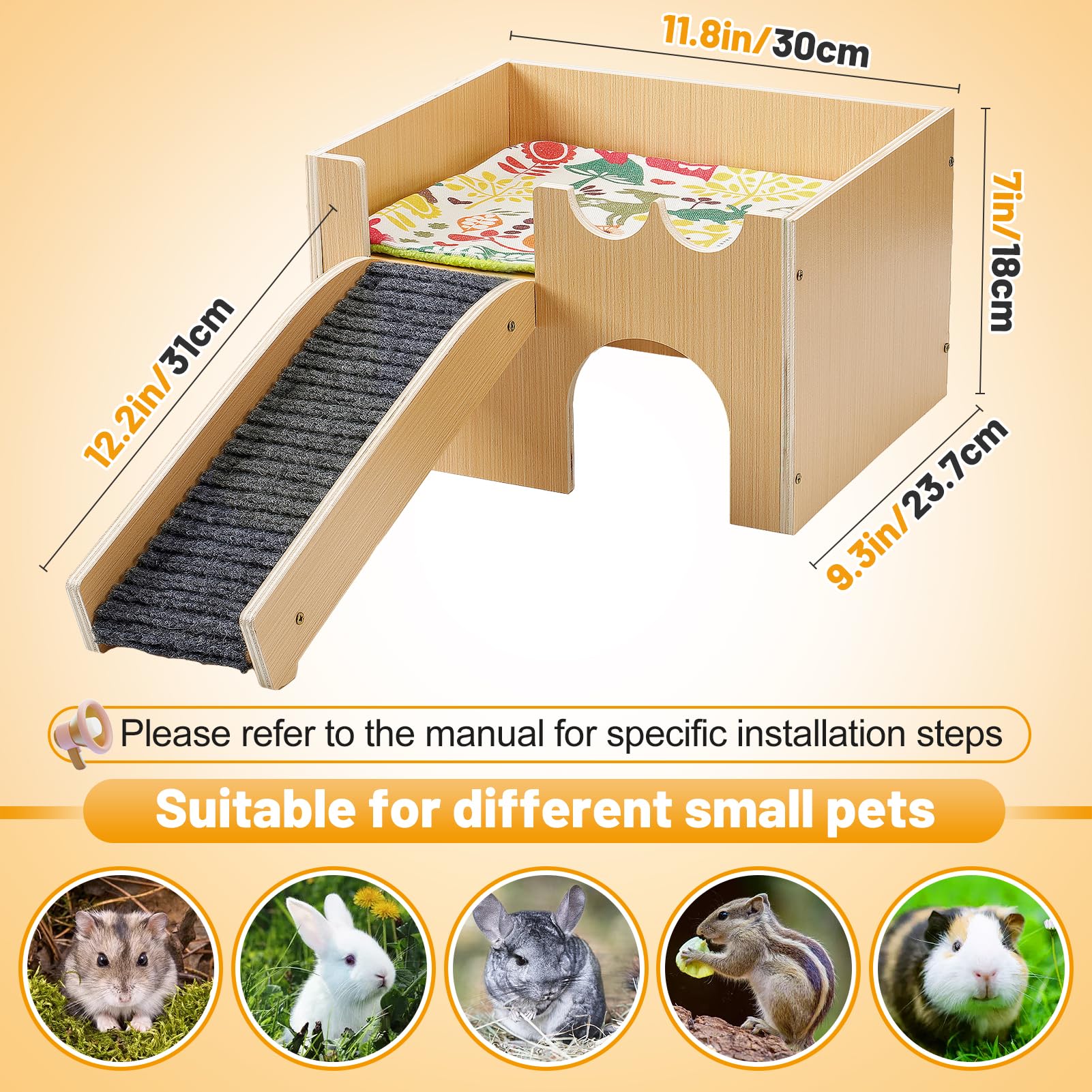 MEWTOGO wooden habitat size fits multiple small pets.
