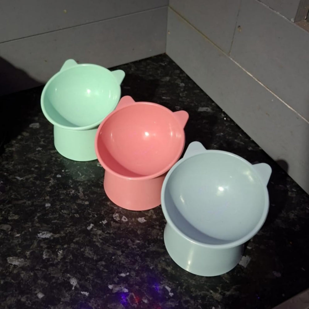 Mezchi anti-vomiting, whisker-friendly design centers food for easier eating.