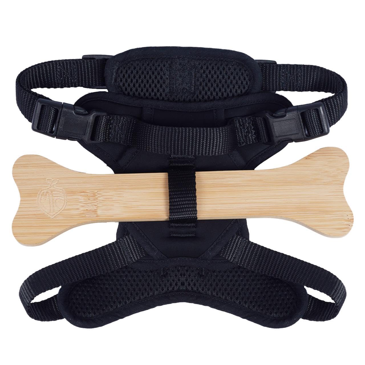 Dog in backyard wearing MFC harness demonstrating fence-blocking protection