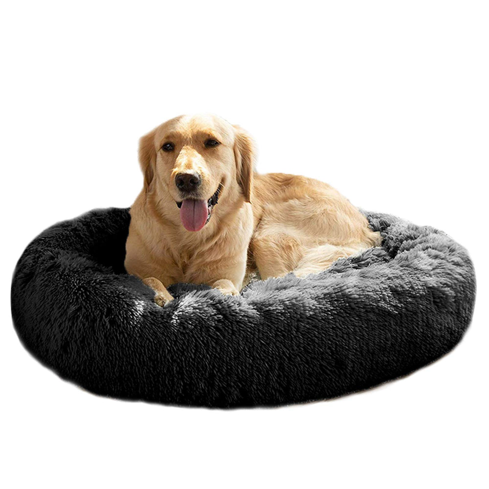 MFOX Calming Dog Bed outer fabric close-up shows durable nylon and luxe faux fur for everyday comfort