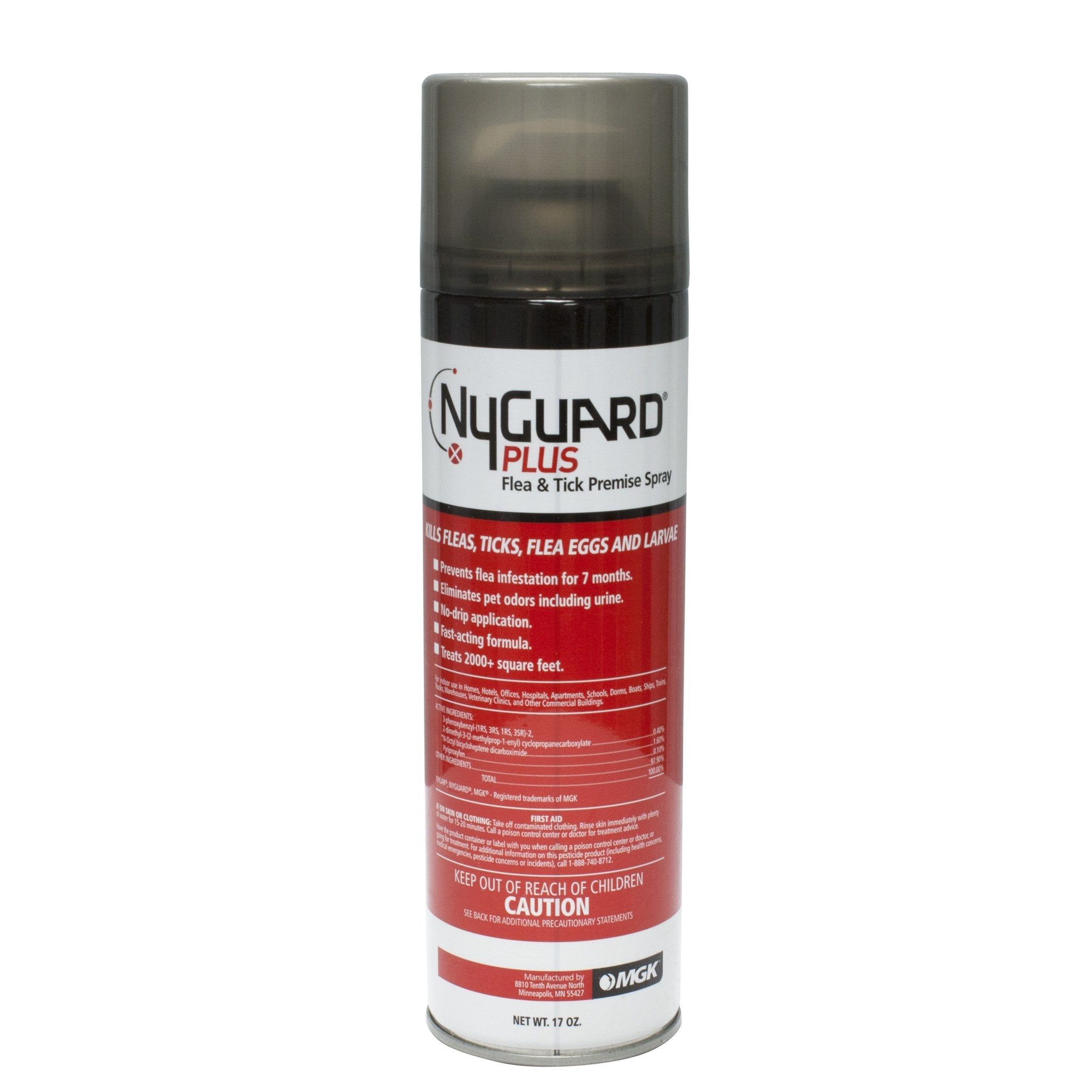 MGK NyGuard Plus flea-tick aerosol 17 oz for indoor spaces with odor neutralization.