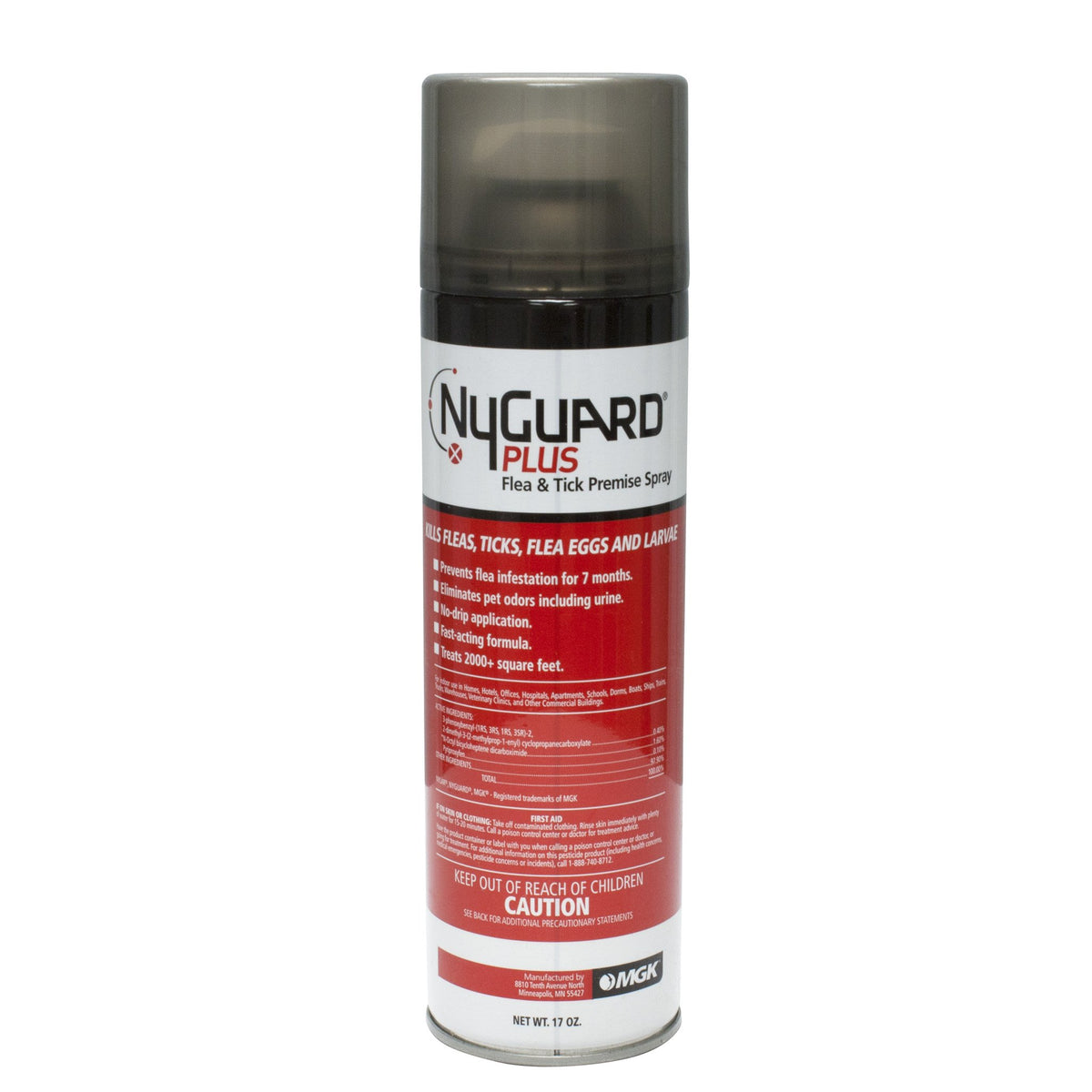 MGK NyGuard Plus flea-tick aerosol 17 oz for indoor spaces with odor neutralization.