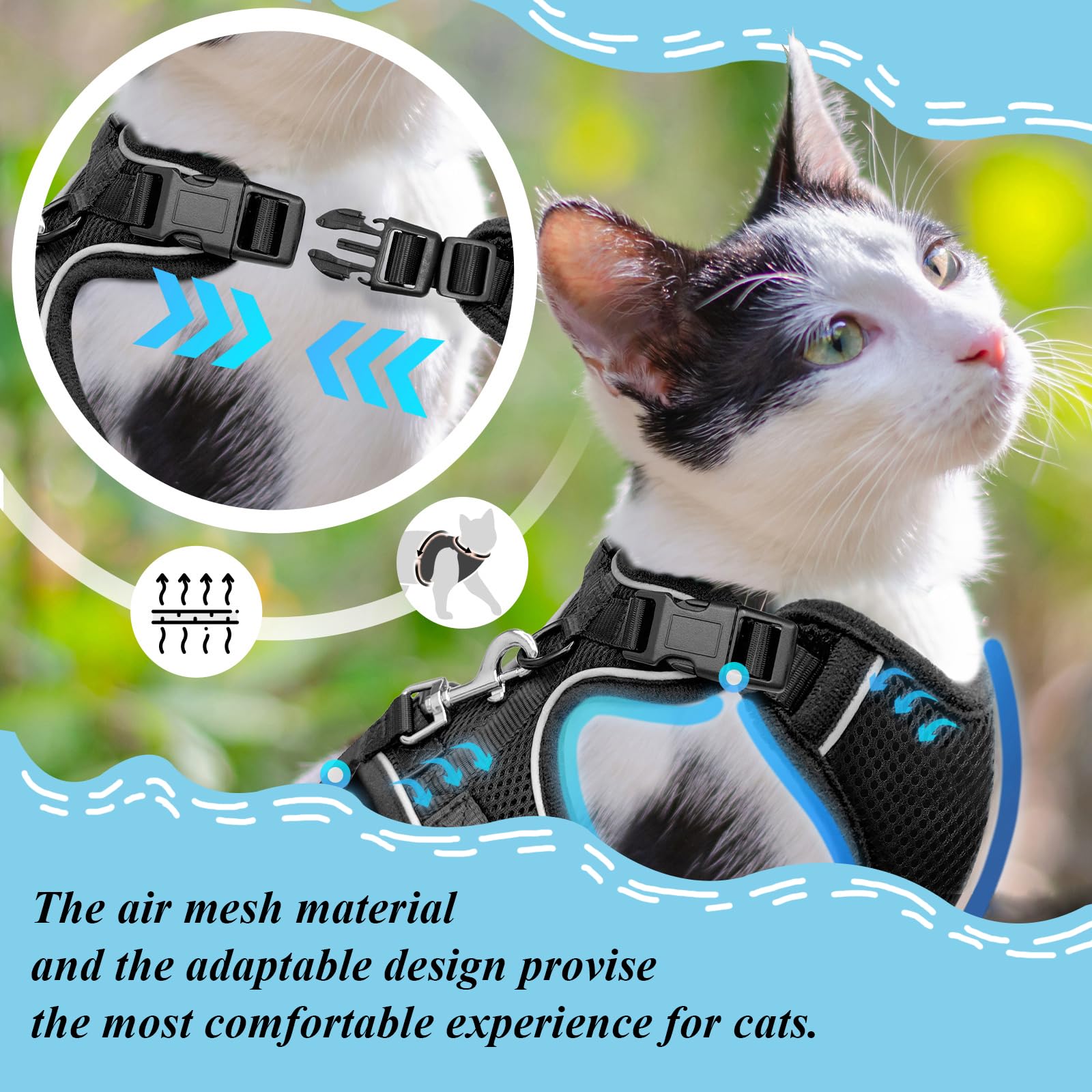 MHHYQF cat harness breathable mesh side view supports cool comfort.