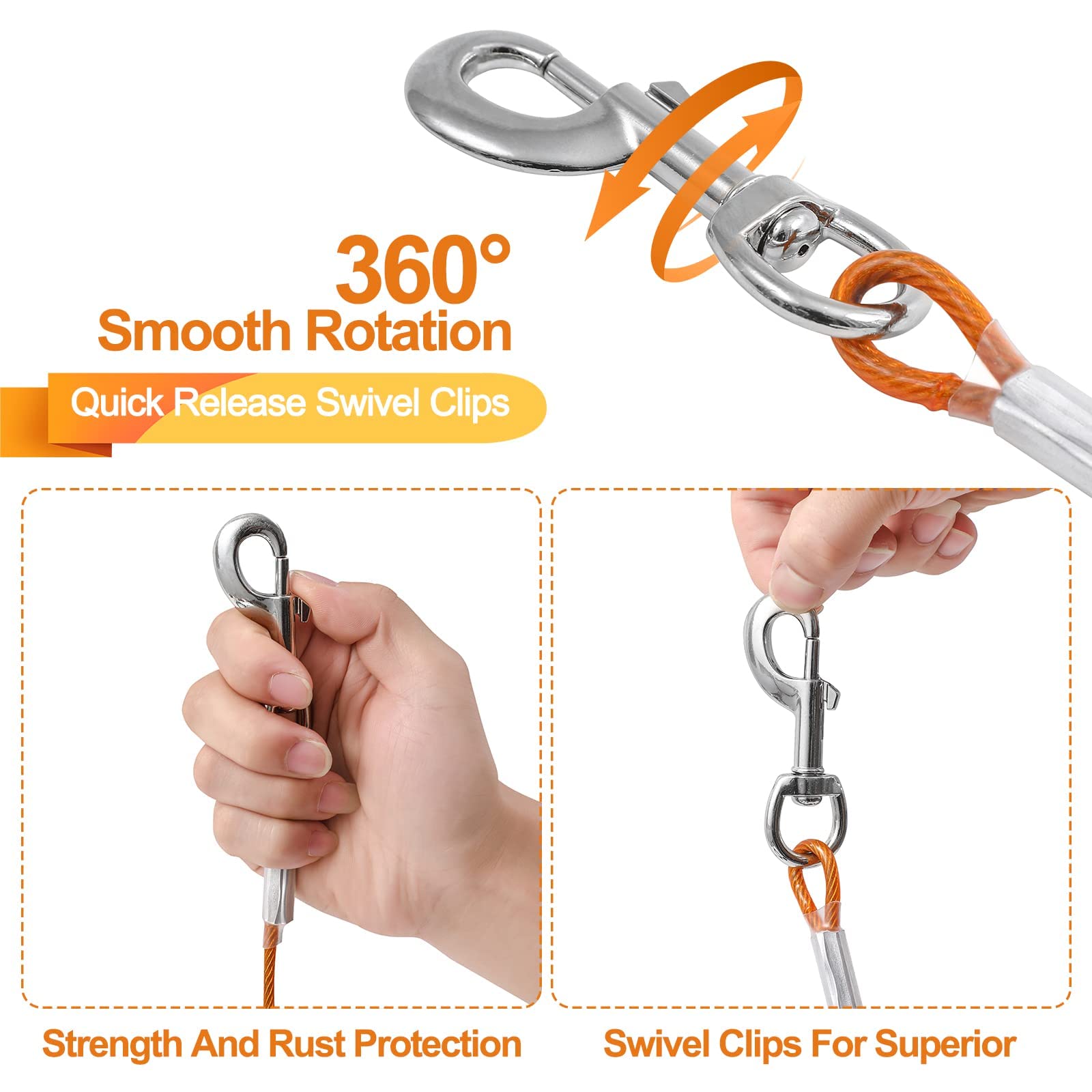 Mi Metty dog tie-out cable 360° swivel hook demonstrates tangle-free movement.