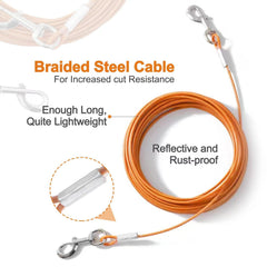 Mi Metty dog tie-out cable anti-rust PVC coating improves outdoor longevity.