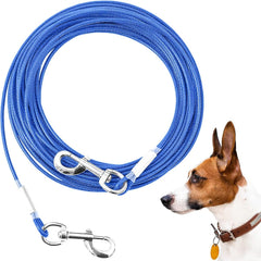 Mi Metty tie out cable post-wrap demonstrates secure outdoor tether for dogs' safety.
