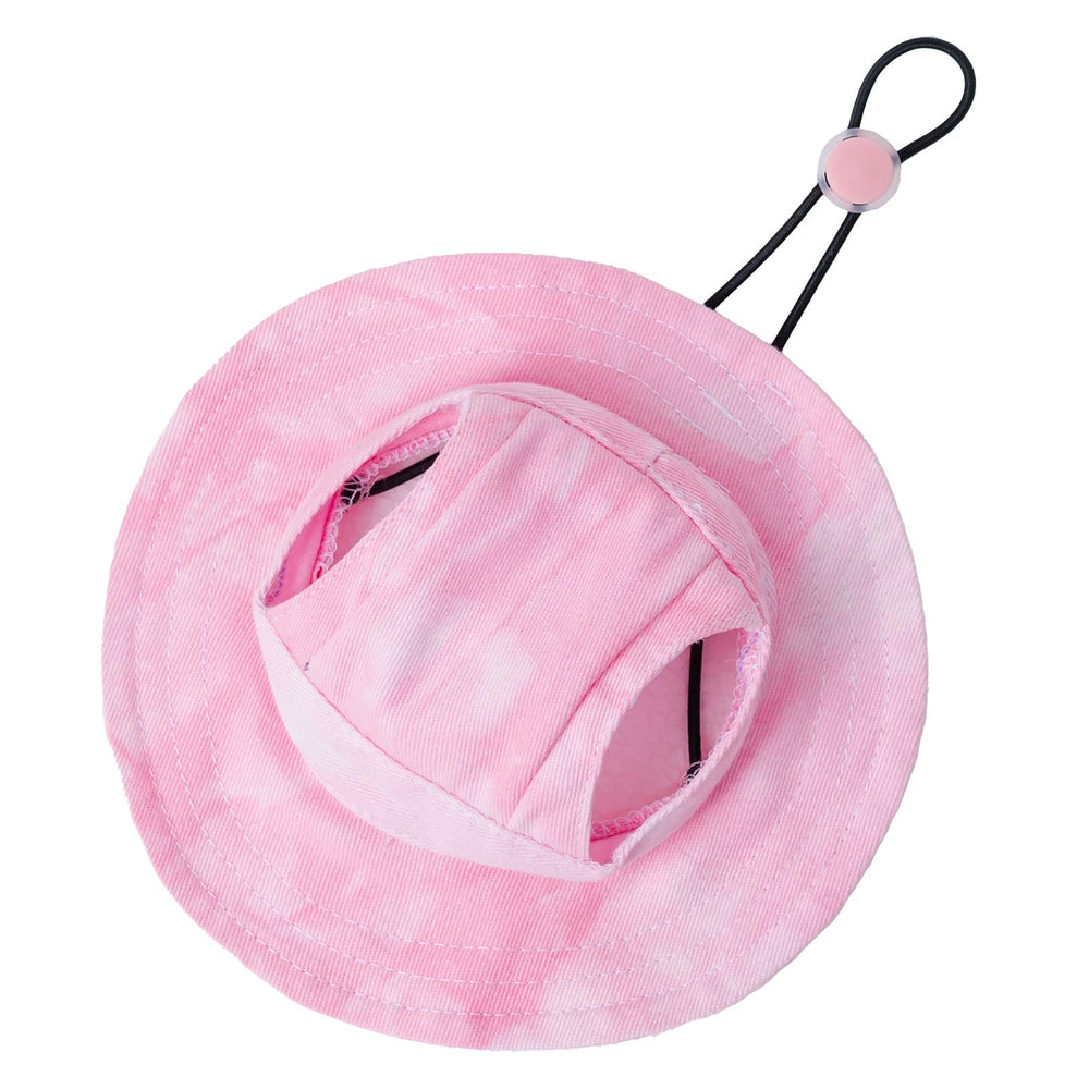 MIANHUATANG pet hat ear holes pink front view offers shade and secure fit.