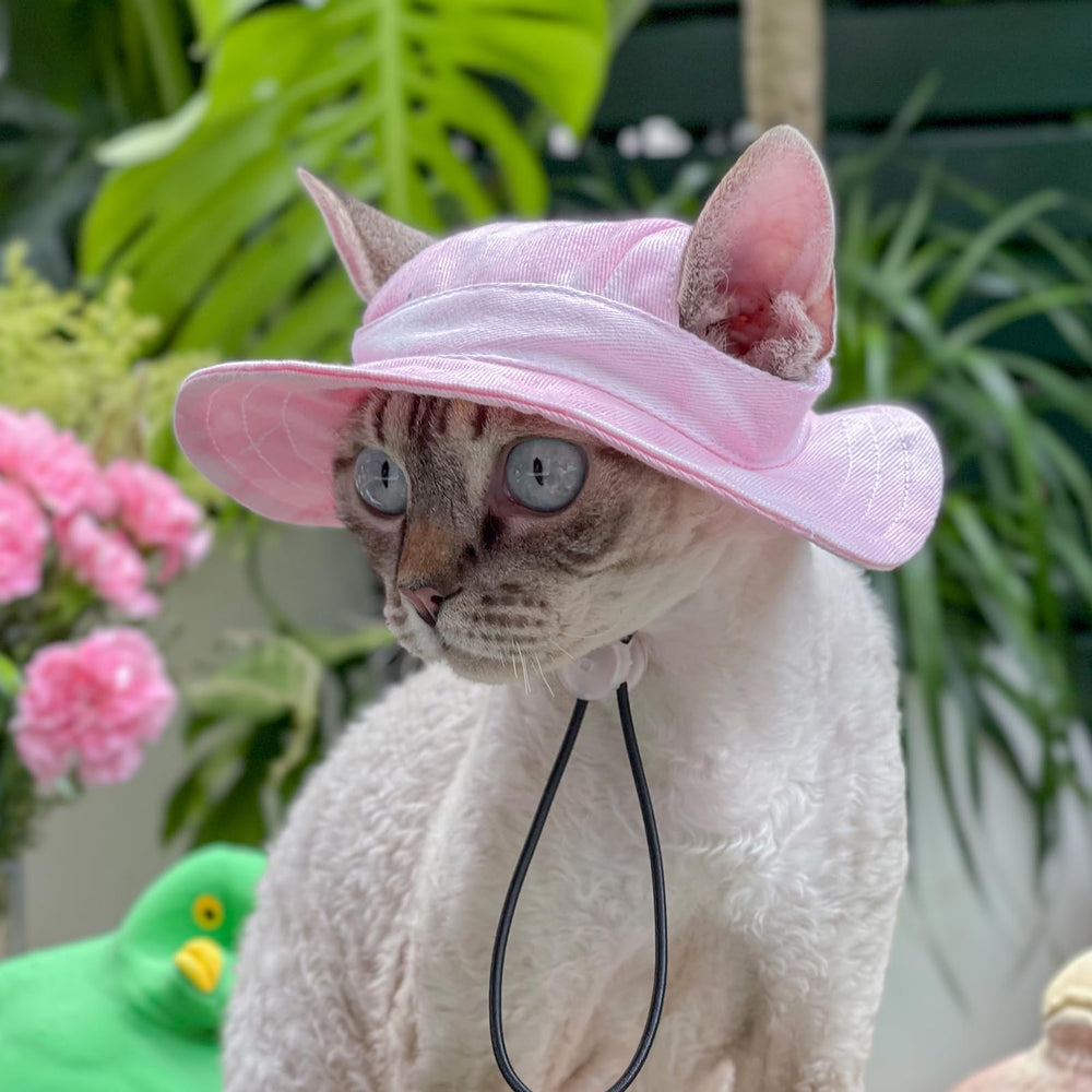 MIANHUATANG pet hat pink side view demonstrates ear-hole design for comfy wear.